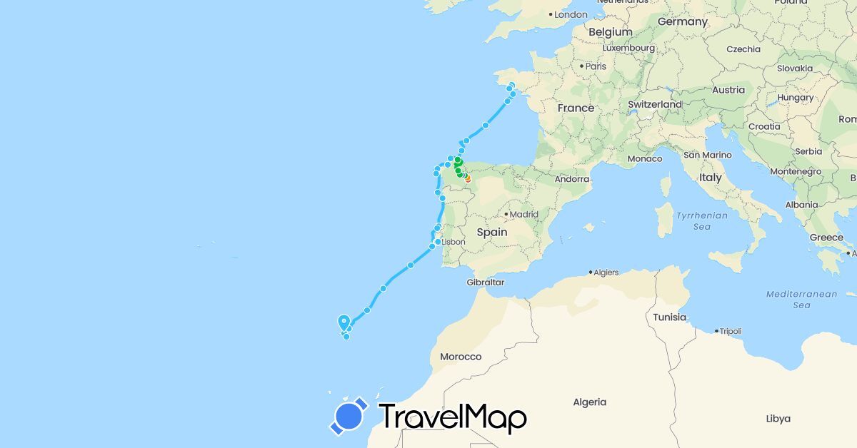 TravelMap itinerary: driving, bus, cycling, hiking, boat, hitchhiking in Spain, France (Europe)